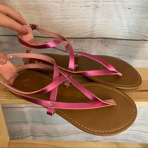 Metallic pink strapped leather sandals